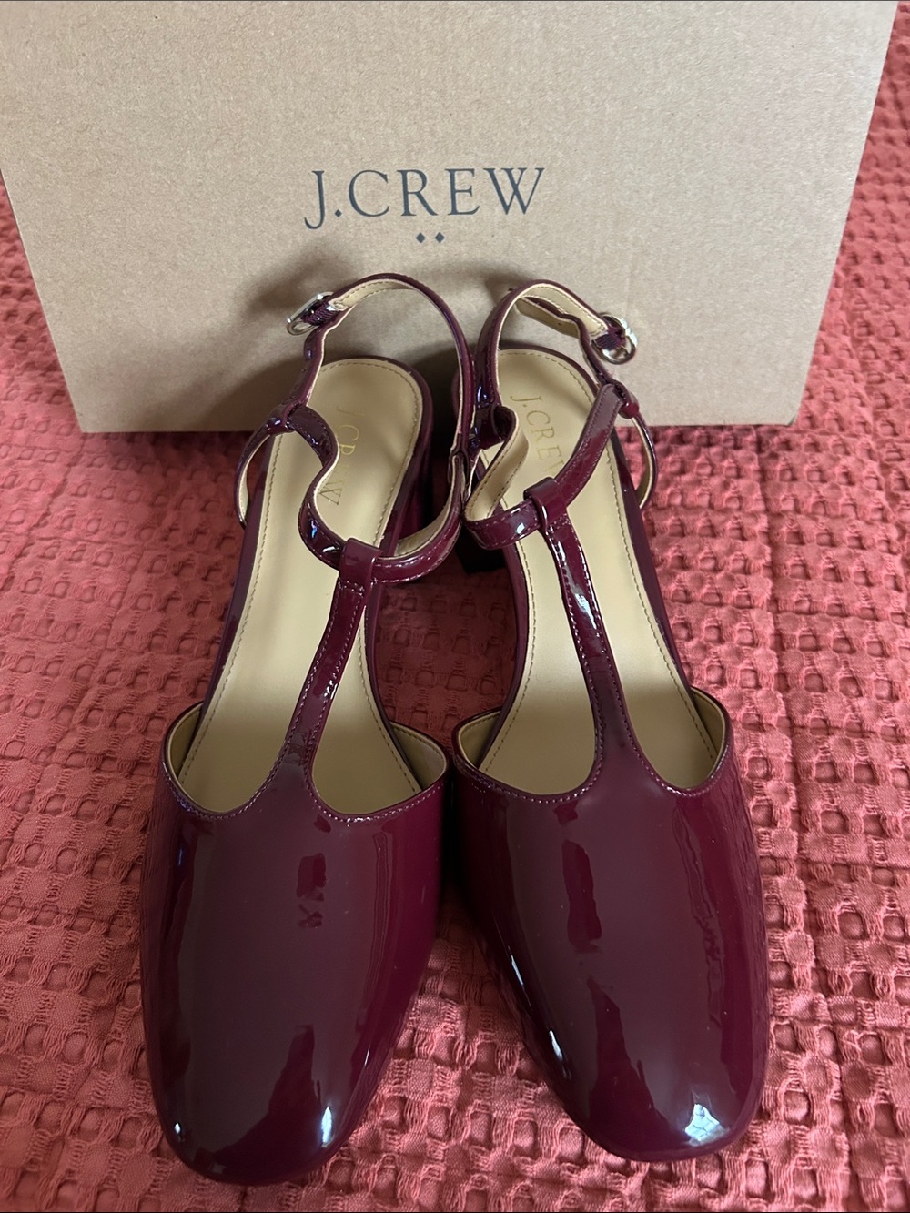 J. Crew Burgundy Patent T-Strap Slingback Heels